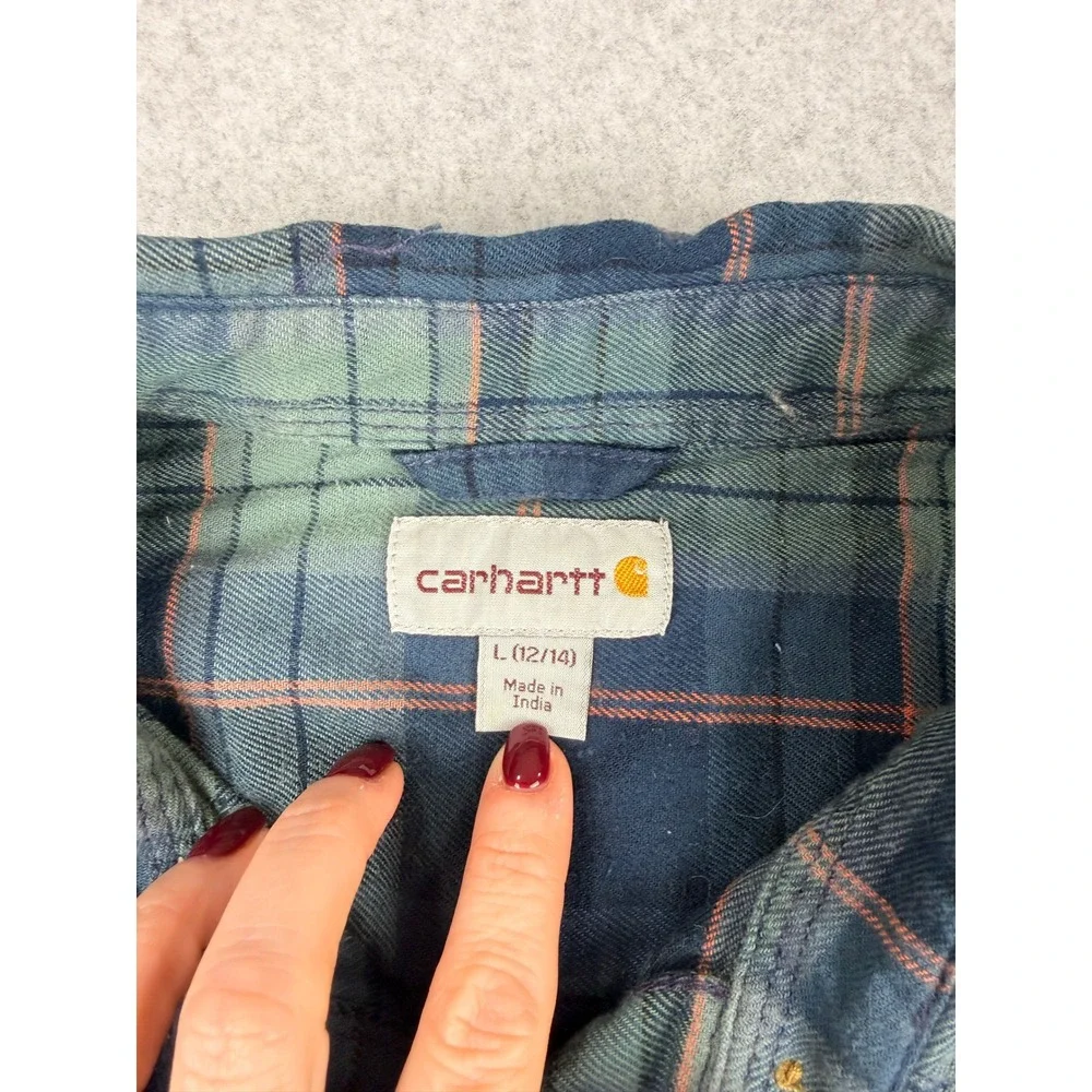 Carhartt Womens Plaid Flannel Shirt Blue L 12/14 Cabincore Gorpcore Cottagecore
